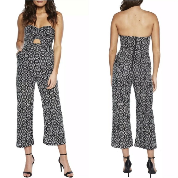 Bardot Pants - NWT Bardot Jumpsuit Black Embroidered Strapless, Size 10 Black and White